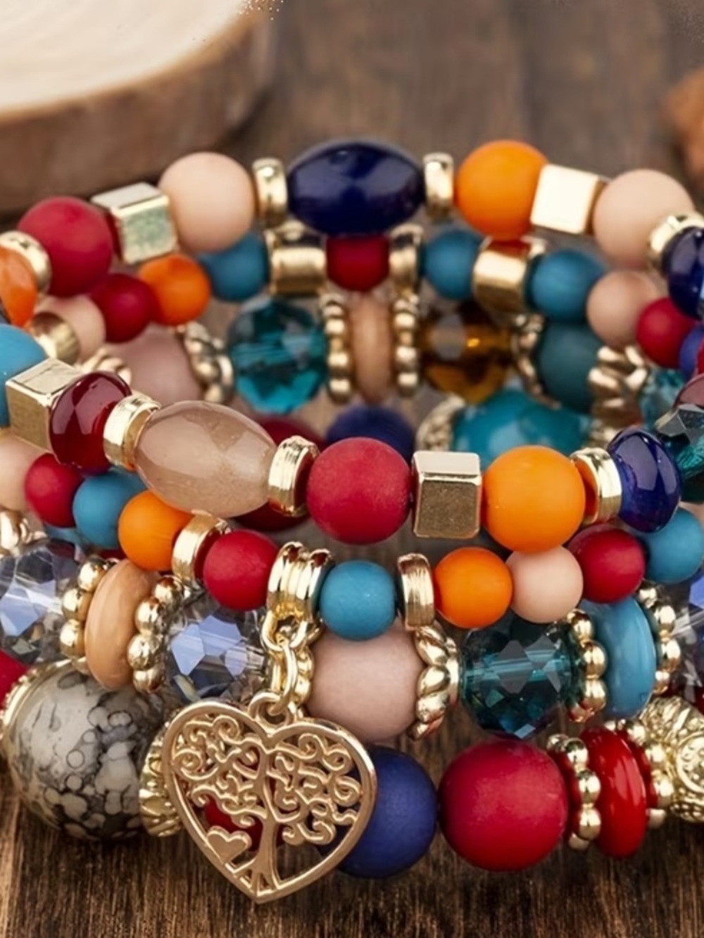 New Multicolor Fall Bead Stackable Bracelet Set with Heart Tree Charm